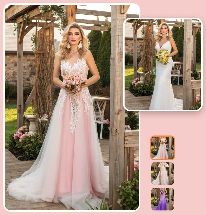 Wedding dress styling example showing a pink gown with white and purple alternatives
