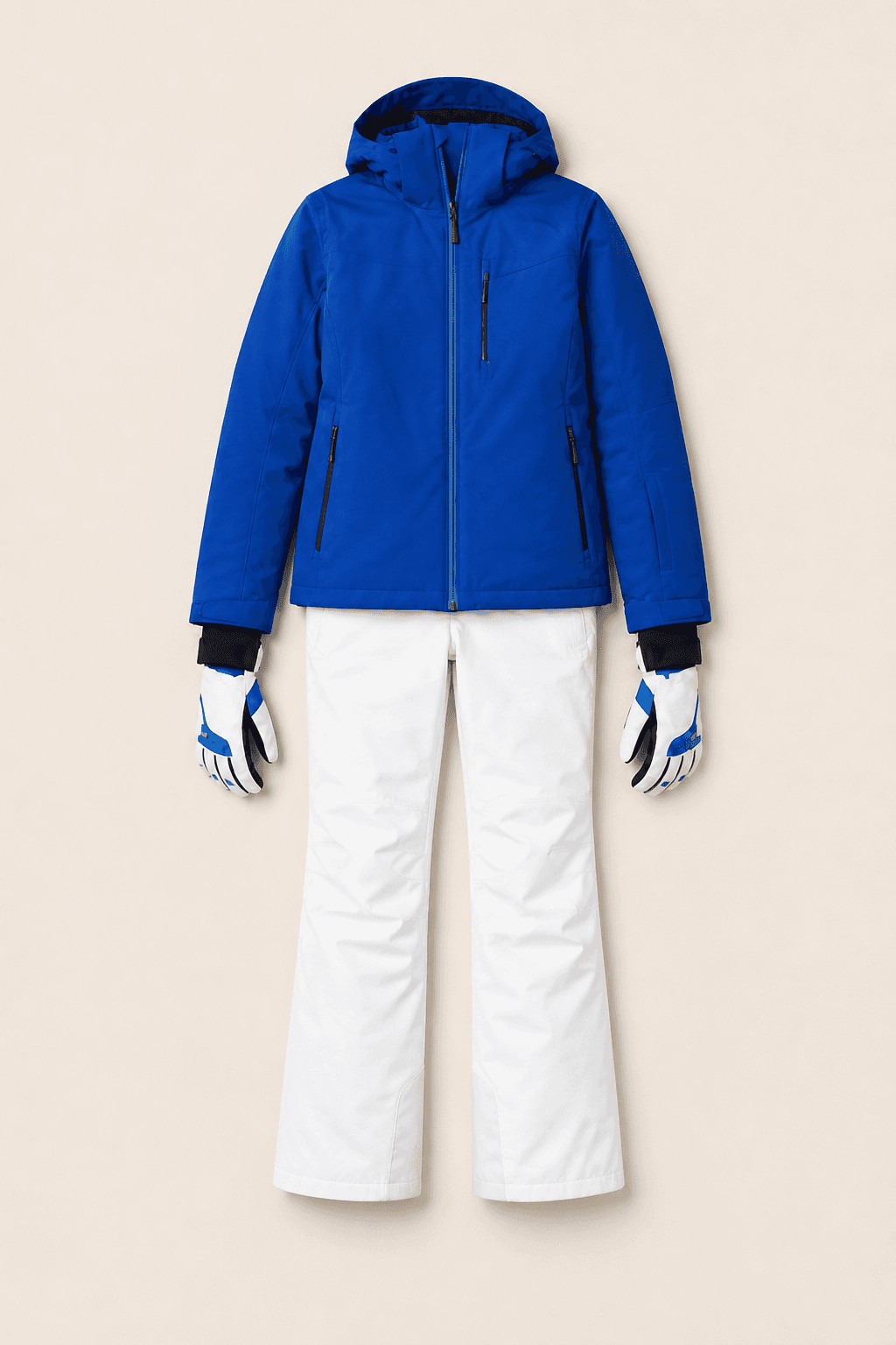 Blue ski jacket, white ski trousers, and gloves shown as a clothing reference