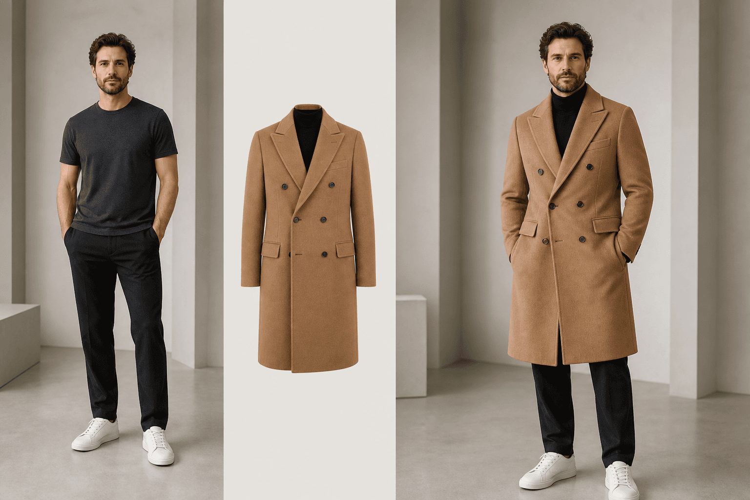 A man in a charcoal T-shirt, a camel overcoat reference, and the same man wearing the coat