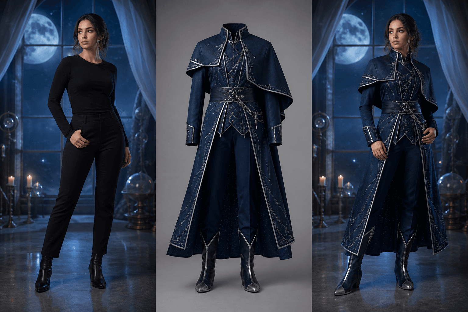 An adult woman in black clothing, an original blue celestial cosplay reference, and the same woman wearing the fantasy costume