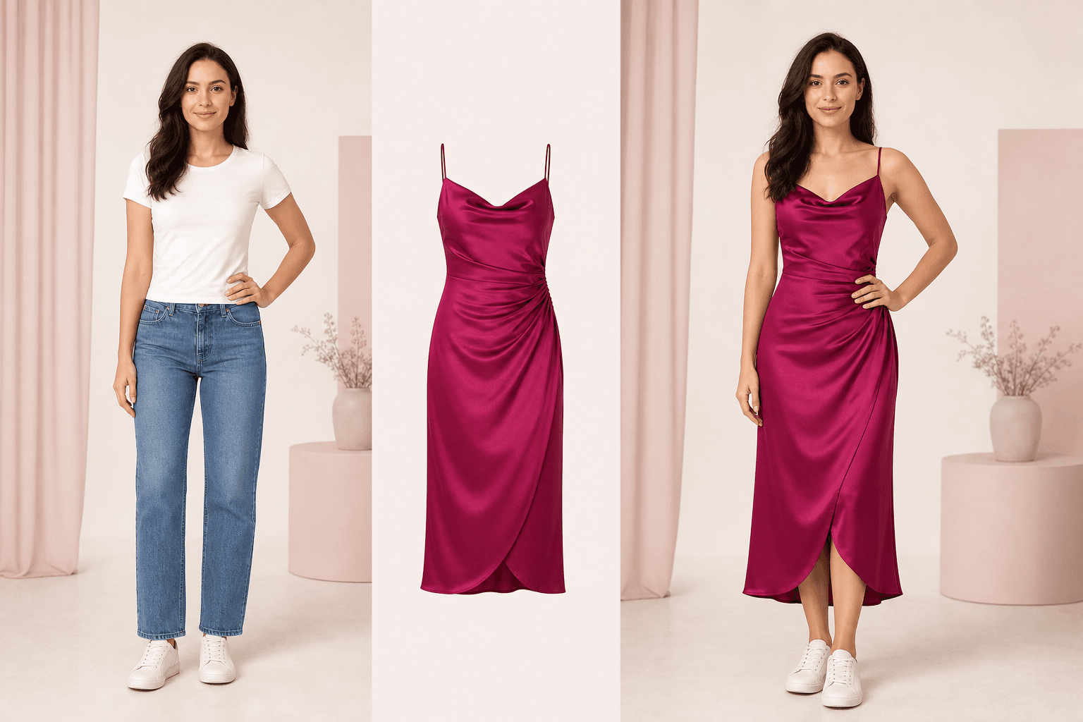 A woman in a white T-shirt, a magenta dress reference, and the same woman wearing the dress