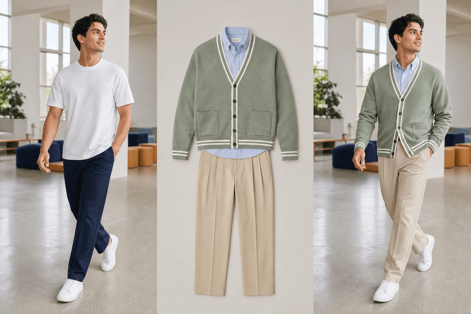 An adult man walking in a white T-shirt, a sage preppy outfit reference, and the same man walking in the new outfit