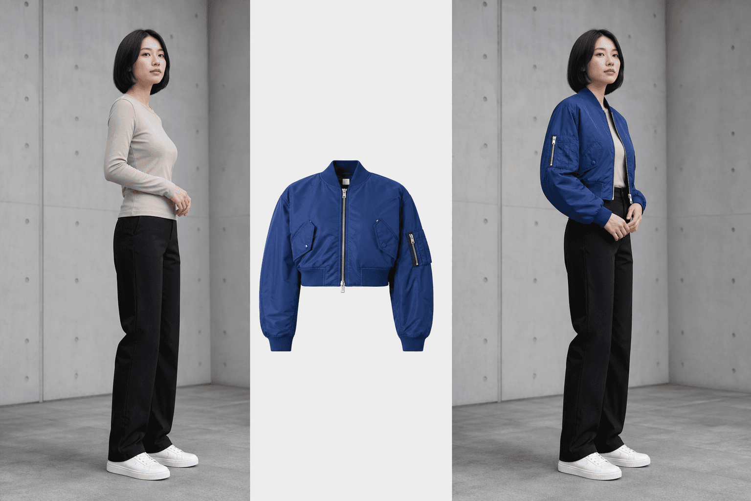A woman viewed from a three-quarter angle, a blue bomber jacket reference, and the same woman wearing the jacket