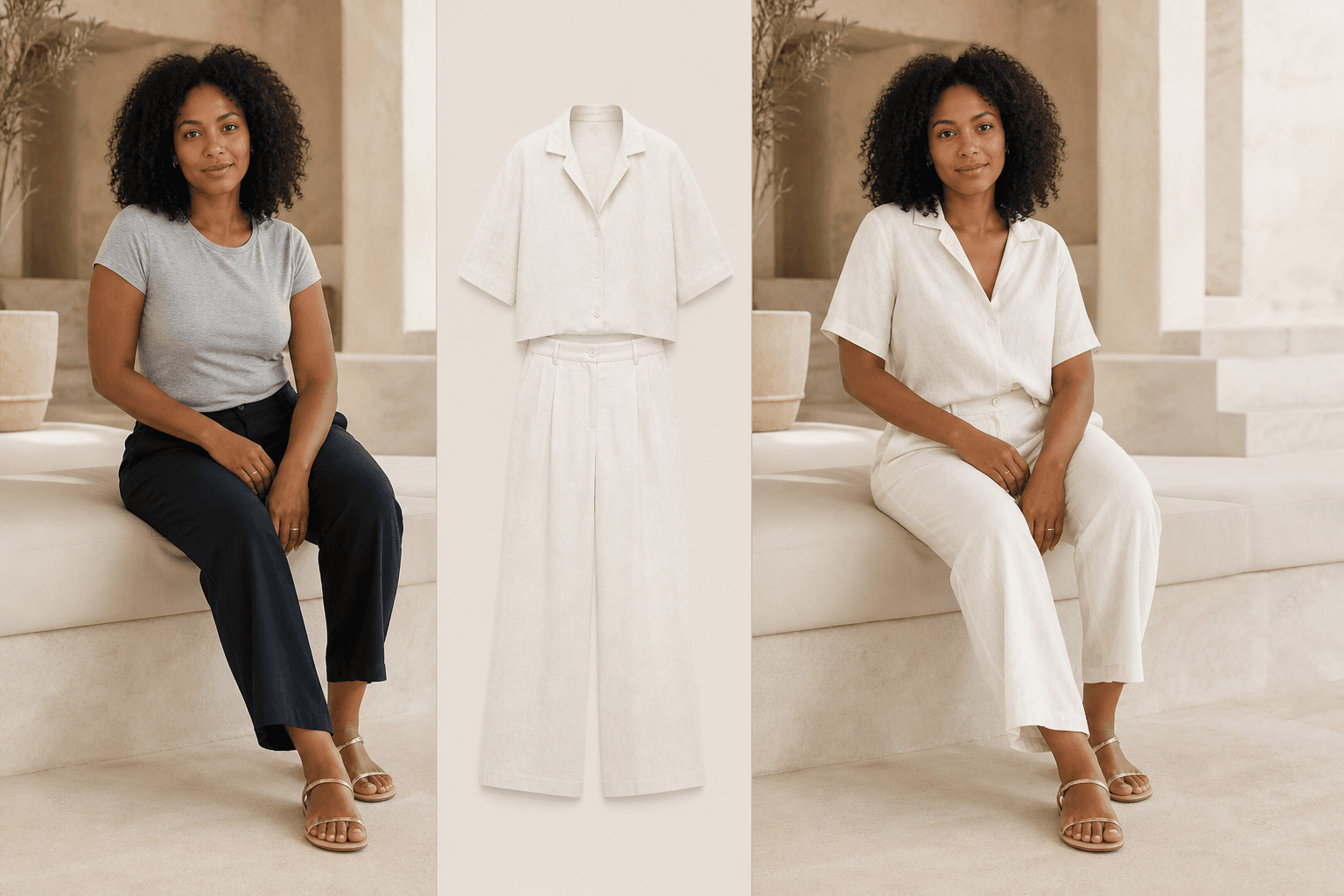A seated woman in a gray T-shirt, an ivory linen outfit reference, and the same seated woman wearing the linen outfit