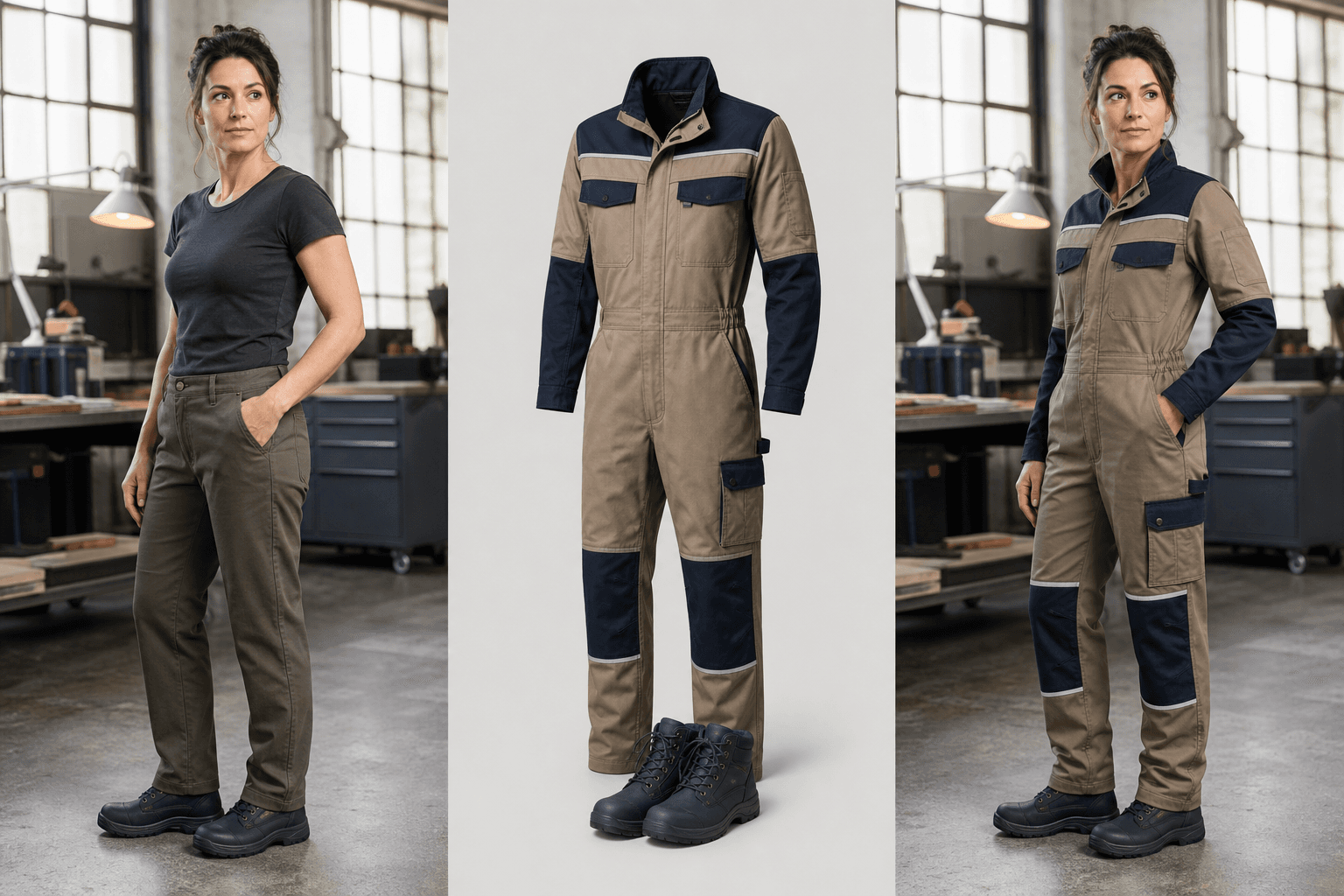 An adult woman in a workshop, a sand and navy work coverall reference, and the same woman wearing the coverall